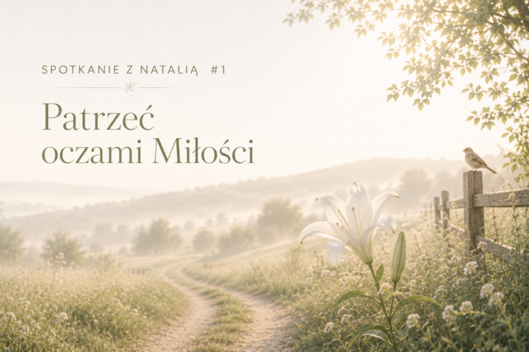 Polna droga, lilie, ptak na płocie. Napis: "Potkanie z Natalią #1. Patrzeć oczami Miłości".