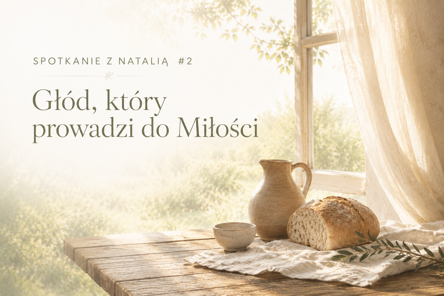 Fragment stołu, na którym leży bochenek chleba, miska oraz dzbanek na wodę. W tle okno i widok na zielony ogród. Napis: "Spotkanie z Natalią#2. Głód, który prowadzi do Miłości".